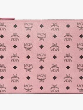 MCM Pink Logo Zip Pouch with Black Motif